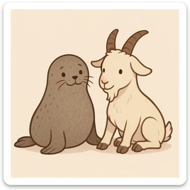 a seal and a goat sitting together, friendly, simple background sticker
