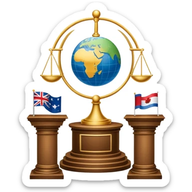 An icon featuring a podium with a speaker, national flags, and voting ballots, symbolizing political science. The design includes a globe and scales of justice in the background, representing governance, global affairs, and political theory. Transparent background emphasizes civic engagement sticker