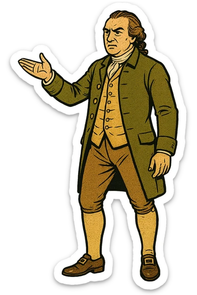 The full body of 1700s surgeon John Hunter standing with one of his arms out presenting something sticker