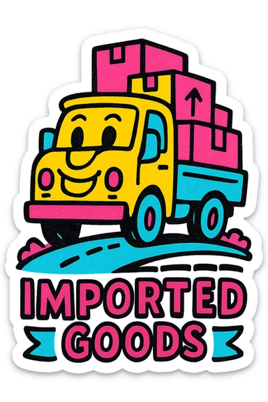 A cheerful icon of a truck driving on a highway with imported goods sticker