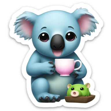 A bipedal blue koala with a white stomach and black eyes and nose having tea with a bipedal green pig with black eyes and a pink nose sticker