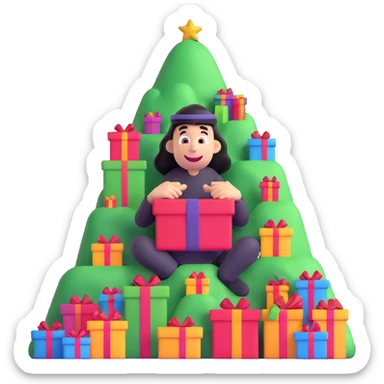 whimsical character buried under a mountain of colorful gifts, goofy and playful sticker