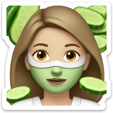 White girl with Brown hair and blue eyes wears a Green clay colored skincare textured mask and puts on cucumbers around her eyes while She relaxes in her white Robe sticker