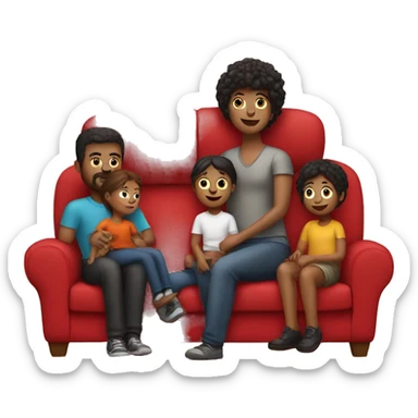 family sit on a red sofa sticker