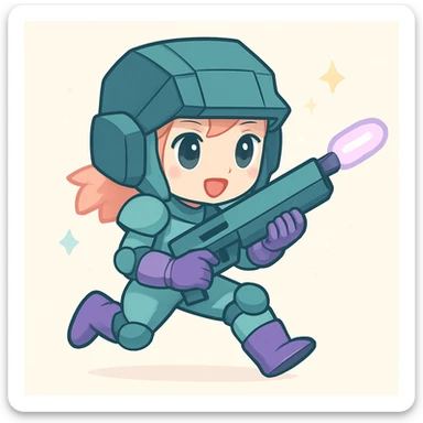 Make the helmet more square and angular, less round, while keeping the anime sci-fi soldier style. The helmet should be dark turquoise in color. sticker
