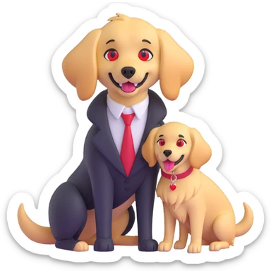 gothic vampire with red eyes on the left, and playful golden retriever wagging tail on the right, both in one emoji sticker