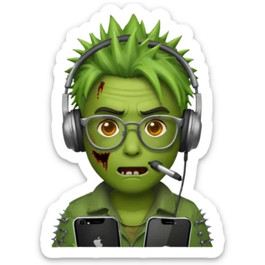 make a zombie iphone emoji with glasses, scratches spiky hair and headphones sticker