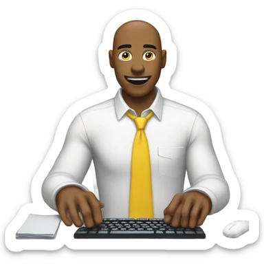 yellow skin man typing on keyboard wearing white button down shirt seating on desk front view sticker
