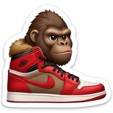 Make a fusion photo that combines an apple and a gorilla. The apple will be the body of the gorilla, and the hands of the gorilla will come out of the apple's sides. The apple will wear a pair of air Jordan 1's, red and white.  sticker