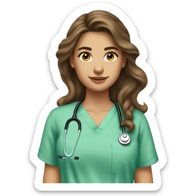 Water colour style image of a full view girl. She has long brown wavy hair, she is tanned with brown eyes and thick eyebrows. The girl is wearing light green scrubs and holding a stethoscope  sticker