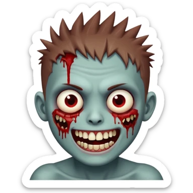 zombie boy with brown short spiky hair, white skin, and white eyes; an open smile, and bloodied teeth; sticker