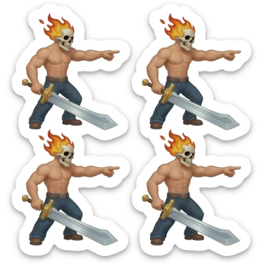A 4 stage sprite sheet of a man with a burning skull head, show the 4 stages of him attacking with his large sword, shirtless, full body pointing right sticker