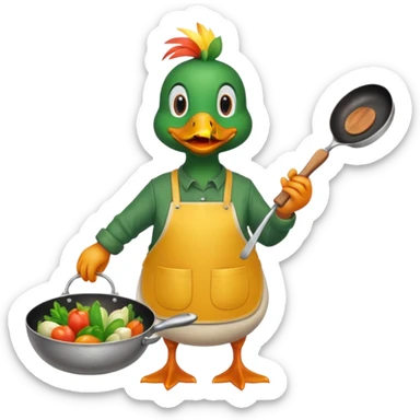A duck holding a frying pan with vegetables, wearing green apron sticker
