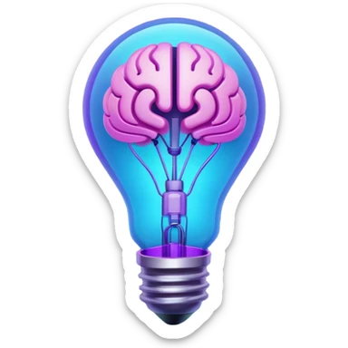 A stylized 3D emoji icon of a futuristic lightbulb. The filament inside is a glowing digital brain structure. The colors are a gradient of electric blue and purple neon light, with glowing edges. Minimalist, digital art aesthetic, sticker