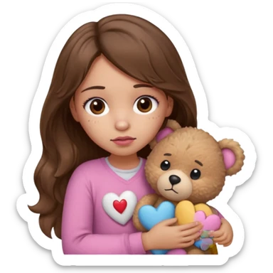 girl with long wavy brown hair, brown eyes, light to medium complexion, in a pink shirt, pink lips, long lashes, sad, hugging squeezing a teddy bear with bandaid hearts sticker
