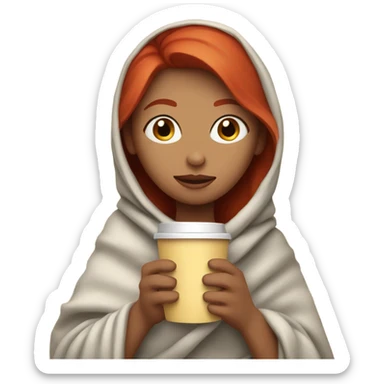 A red-haired girl wrapped in a blanket is drinking coffee with her eyes closed. sticker