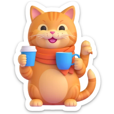 ginger cat holding a coffee cup, smiling sticker