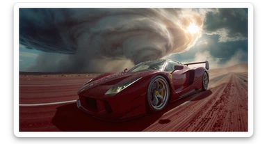 Cinematic still of a ferrari f40 around tornado od arizona desert, sun flare, captured by gopro hero with effect fisheye, water drops on car body, detailed, inspired by interstellar look, captured by a RED Weapon 8K sticker