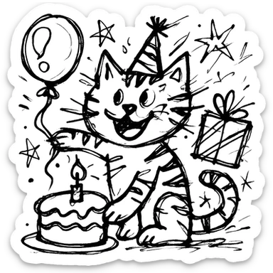 chaotic outlined icon of a playful kitten with stripes, birthday hat, holding a balloon, cake and presents scattered around sticker