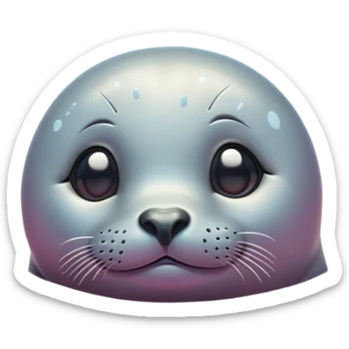 Cinematic Cute Seal Portrait Emoji, Head tilted playfully and inquisitively, with a shiny, smooth body accented by a subtle blush and round, sparkling eyes, Simplified yet irresistibly adorable features, highly detailed, glowing with a warm, friendly aquatic glow, high shine, affectionate and lively, stylized with a touch of endearing charm, soft glowing outline, capturing the essence of a mischievous marine friend that feels like it could pop out of the screen into your arms! sticker