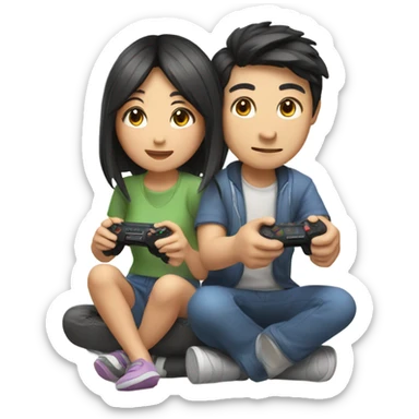 Cute asian couple playing video games sticker