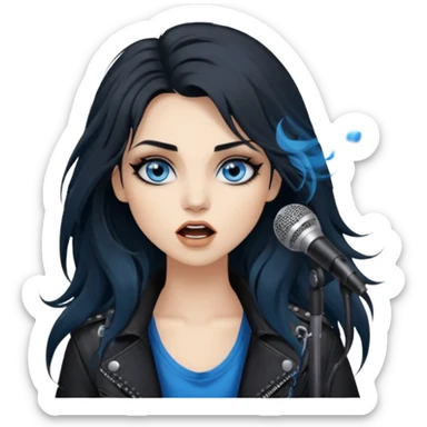 
 rockstar girl with long black disheveled hair, blue eyes, Smokey eyes grunge makeup, singing  sticker