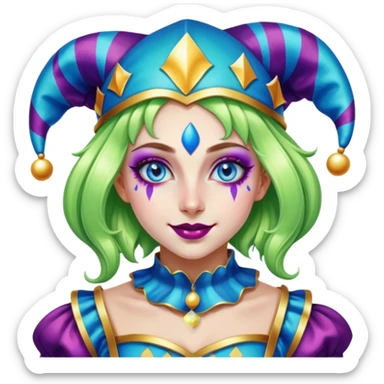 Cinematic chibi style girl in dressed like a Jester, very large glistening blue eyes, Ultra realistic 32k HD, Breathtaking piece of art, rim lighting, hauntingly beautiful art, vibrant colors, Balanced features, highly detailed digital artwork, glowing with silver light, glowing, high shine, deviant adoptable, highly detailed clothing, remembrance, a painting of white silver, fanciful, enchanting, ghostly, embodying the essence of both reality and fantasy, dreamy, dreamy glow, optical illusion, immaculate composition, complex pose, air composition. The image is so lifelike that it feels as though it could leap off the canvas at any moment sticker