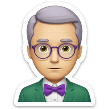yellow-skinned man with neatly parted brown-gray hair, thick rectangular eyebrows, large round eyes behind thin glasses, a pointed nose, and a green suit with a white collar and purple bow tie. sticker