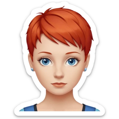 27 year old white woman, red hair, pixie cut, blue eyes sticker