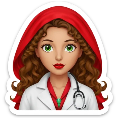 Spanish sexy evil woman. She has green eyes.  had brown long curly hair.  evil surgeon kills with needle wears red sexy doctor coat with red Juliet veil on her mouth and nose ONLY to hide and wearing red gloves. Hair is free and flowing long  sticker
