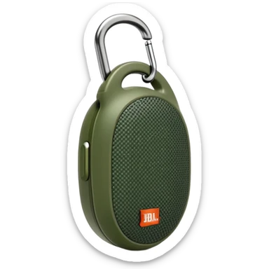 Super simplified JBL Clip 4 speaker, abstract oval shape with tiny carabiner and minimal green camo dots, iOS emoji style sticker