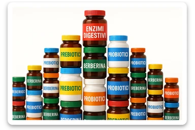 montagna di barattoli di integratori tipo "ENZIMI DIGESTIVI", "PREBIOTICI", "PROBIOTICI", "BERBERINA" con etichette in italiano sticker