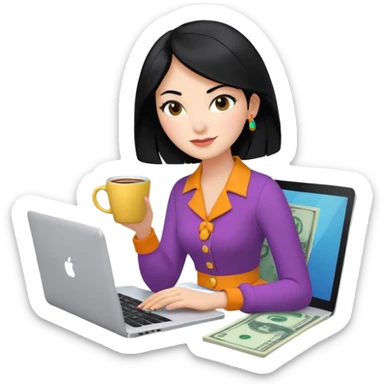  woman character with laptop and coffee in Paris, dollars coming out from the screen floating, colorful chic outfit, white laptop, Pixar style, black hair, fair skin,  sticker