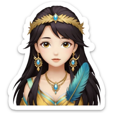 Beautiful gorgeous anime lady with beautiful dark-brown-special-hair, fashion aesthetic, ethereal, feather, accessories, gold jewelries, gold, colorful,  sticker