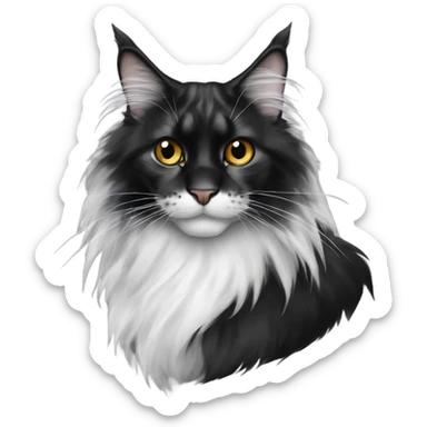 Black and white Maine coon cat with a black nose sticker