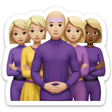 5 person team; 2 men and 3 women.  All dressed in yellow or purple.  1 caucasian woman with blonde mid length hair. 1 caucasian woman with blonde short length hair. 1 caucasian woman has ash blonde hair tied up. 1 man is African-american and bald, 1 man is caucasian and very little hair left.  
 sticker