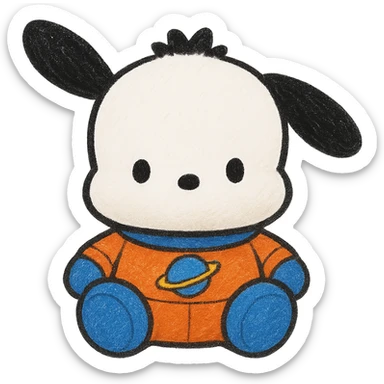 Make Pochacco white with black ears, wearing an orange and blue space suit, keep plushy Popmart doll style, cute and playful, no background. The style should reflect a plushy Popmart doll look, cute and playful. sticker