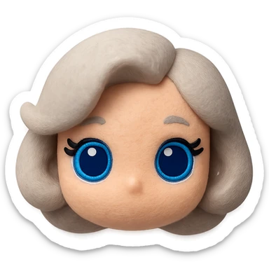 Remove any neck or body, make the blue eyes more vibrant and lively, keep soft fleece texture, pure silver grey hair styled in a 1940s bob, cute plush-style eyelashes, no mouth, no white border, transparent background. Maintain a cute plush style with soft fleece texture and vibrant blue eyes. sticker