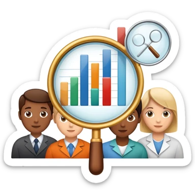 An icon featuring a group of diverse people, interconnected by lines, symbolizing sociology. The design includes a magnifying glass and a bar chart, representing the study of societies and social structures. Transparent background highlights the analysis of human behavior and social dynamics. sticker