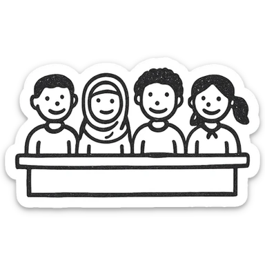 multicultural class of students, minimalistic, green gold and white color scheme, clean lines sticker