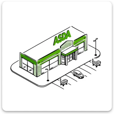 Isometric ASDA supermarket with distinctive green branding, shopping trolley collection points, customer entrance with automatic doors, and car park sticker