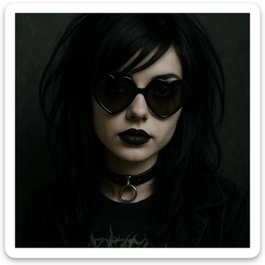 emo girl with heart-shaped sunglasses, dark hair, mysterious vibe sticker