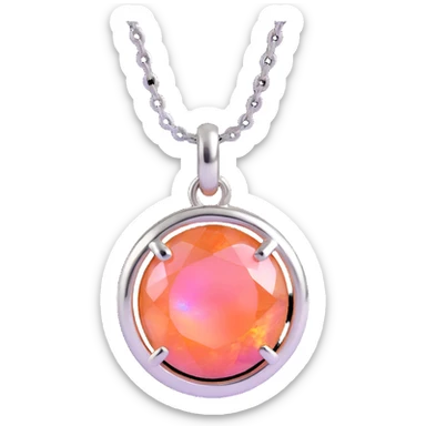 close-up round cut pink fire opal charm with intense iridescent pink and orange colors, silver setting, silver jump ring sticker