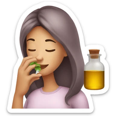 woman smelling a jar of essential oil sticker