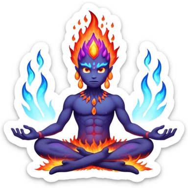a mystical fast lava creature without arms with molten lava on its head and some rocky shoulders, fire crystals, blue flames, fire legs, no background, purple flames, mystical eyes, 8 arms, meditating creature sticker