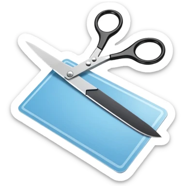 Floating black Scissors cutting a light blue military ID card in 2 parts .hyper realistic sticker