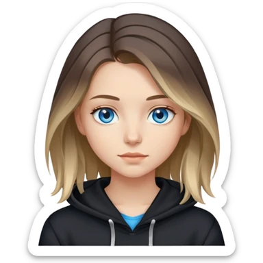 girl with blue eyes, shoulder-length hair with balayage highlights, wearing a black hoodie sticker