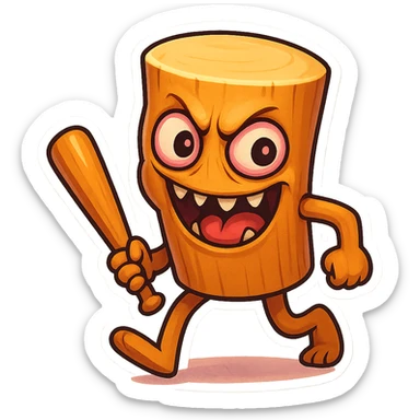  image of absurd wooden stick-man creature, drum-like cylindrical body, holding baseball bat, cartoon style, bright vivid colors, expressive face, dynamic pose, a bit creepy yet funny,  sticker
