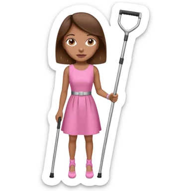 A woman with crutches , a pink dress brown hair and brown eyes sticker