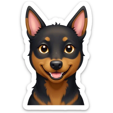 Cinematic Comical Black and Tan Kelpie Portrait Emoji, Head tilted dramatically with an exaggeratedly amused expression, featuring a striking black Fur with bold tan patches, wide, expressive dark eyes filled with playful disbelief, Simplified yet hilariously expressive features, highly detailed, glowing with a slightly sassy glow, high shine, dramatic yet playful, stylized with an air of cheeky mischief, bright and endearing, soft glowing outline, capturing the essence of a spirited and over-the-top herder, so meme-worthy it feels like it could side-eye its way into internet fame instantly! sticker